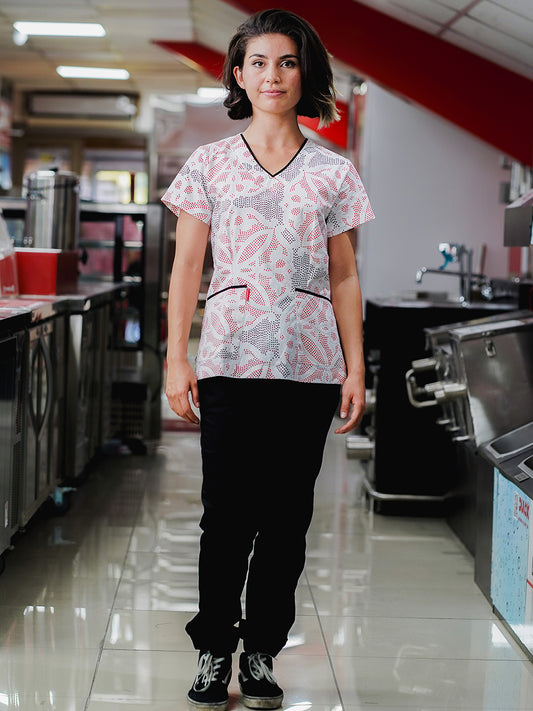 Blusón Sahara Escote V Mujer estampado puntitos rojos