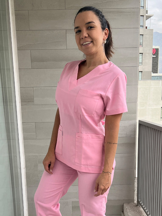 Blusón Escote V Mujer trevira rosada