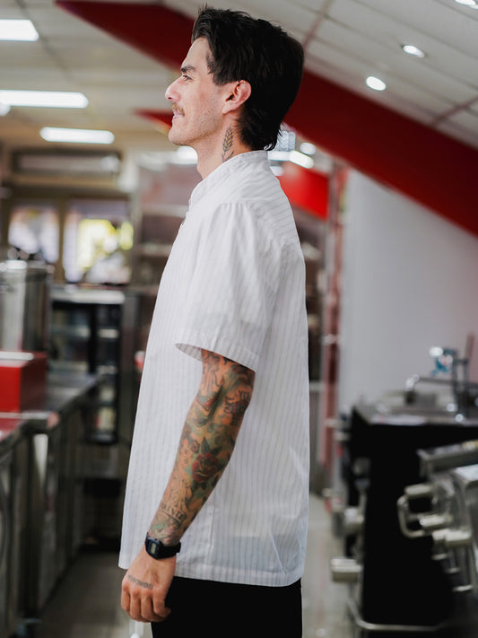 Camisa Coffee listada gris y rosado