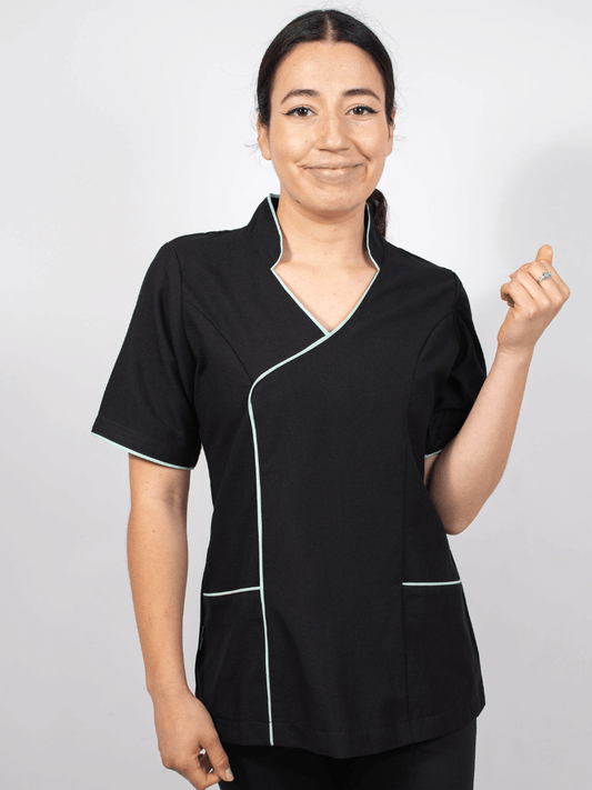 Blusón Cuello alto negro con sesgo aquamarina