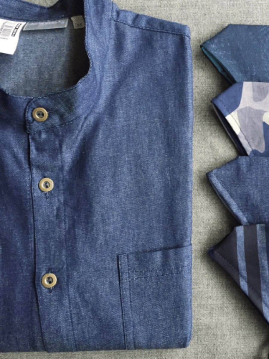 Camisa cocina denim delgado con cuello mao