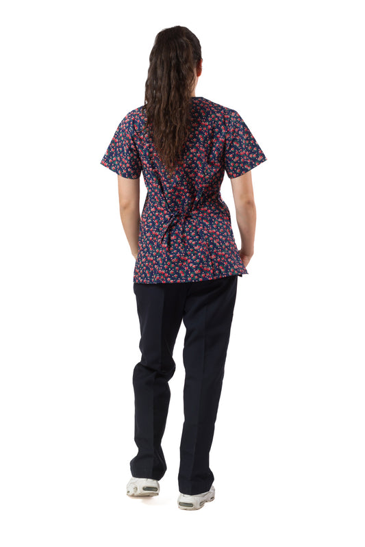 Blusón Salud azul con flores rojas con blanco