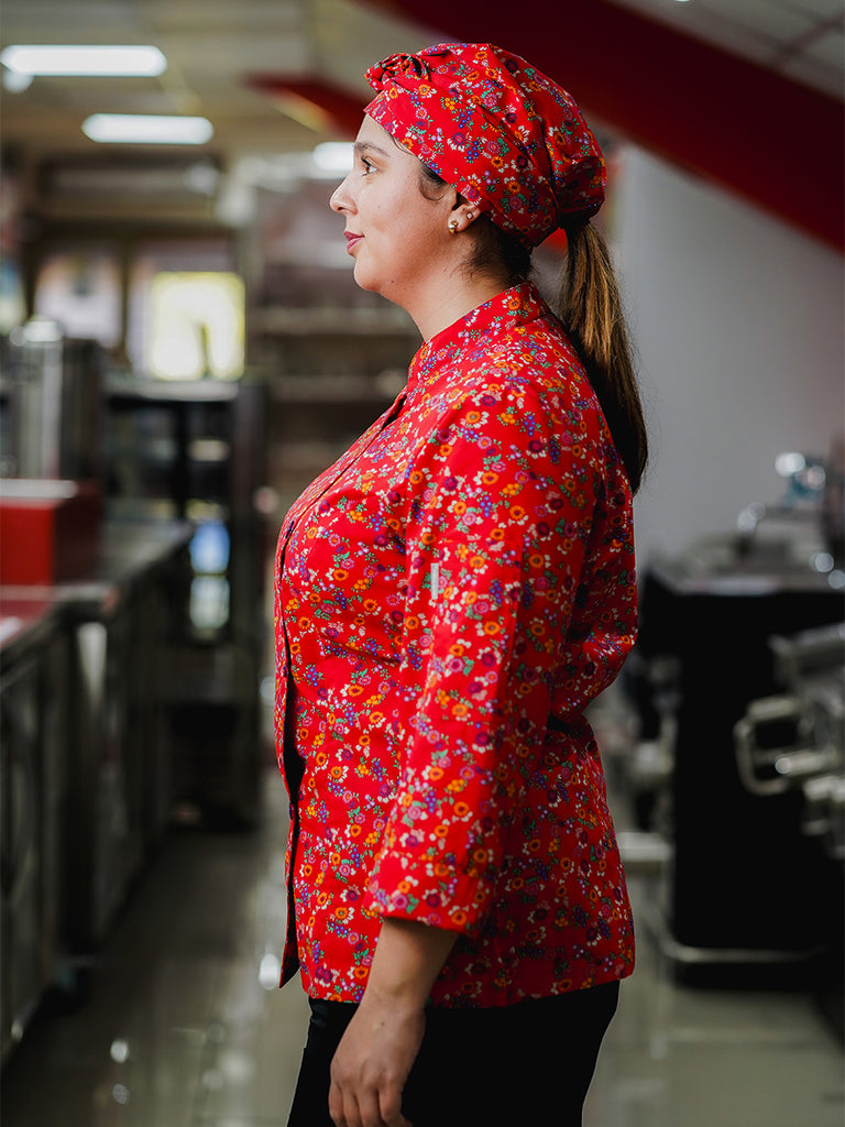 Chaqueta Laura en poly estampado rojo florcitas moradas y naranja SENA E06