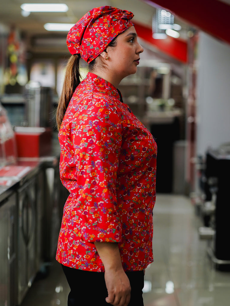 Chaqueta Laura en poly estampado rojo florcitas moradas y naranja SENA E06