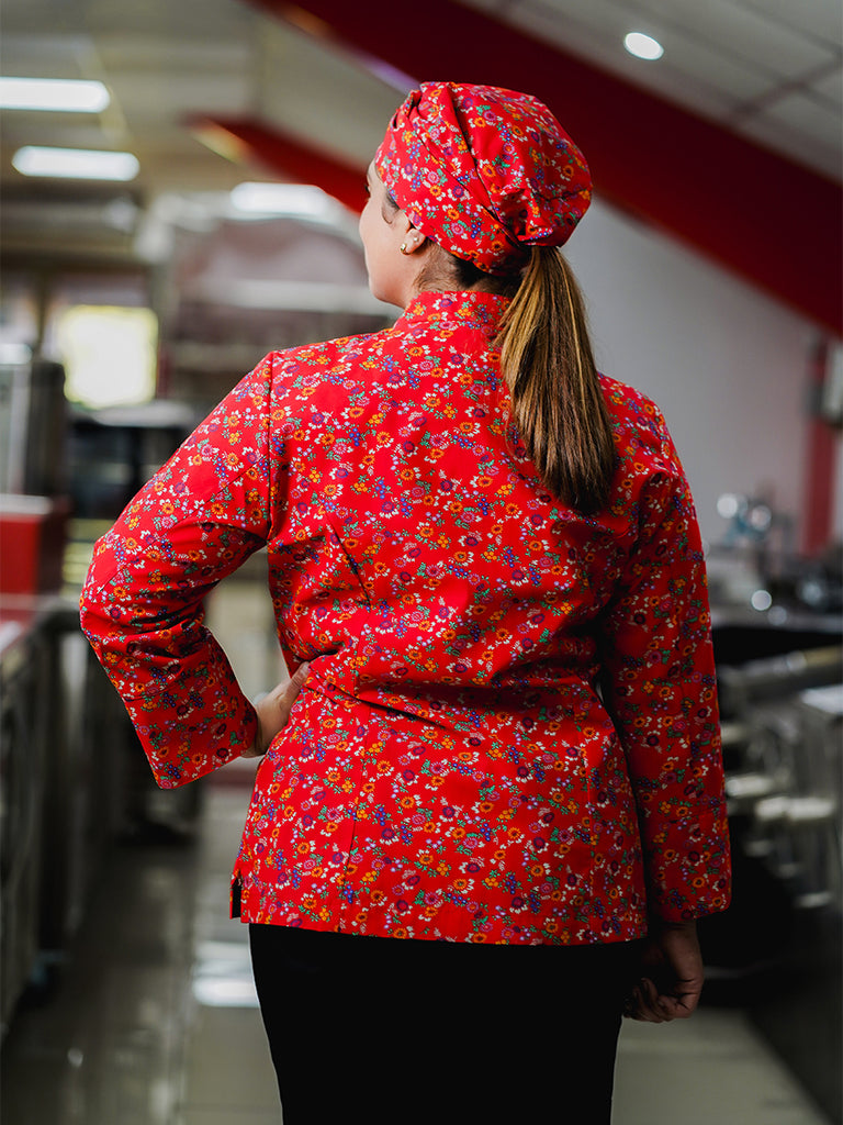 Chaqueta Laura en poly estampado rojo florcitas moradas y naranja SENA E06