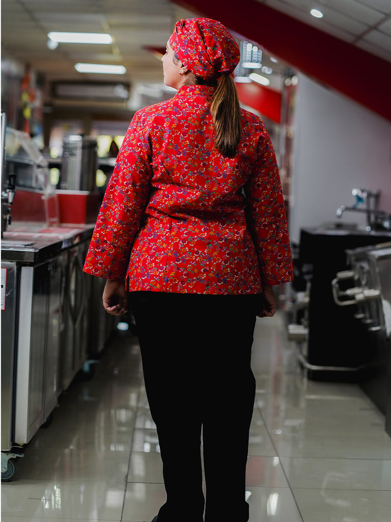 Chaqueta Laura en poly estampado rojo florcitas moradas y naranja SENA E06