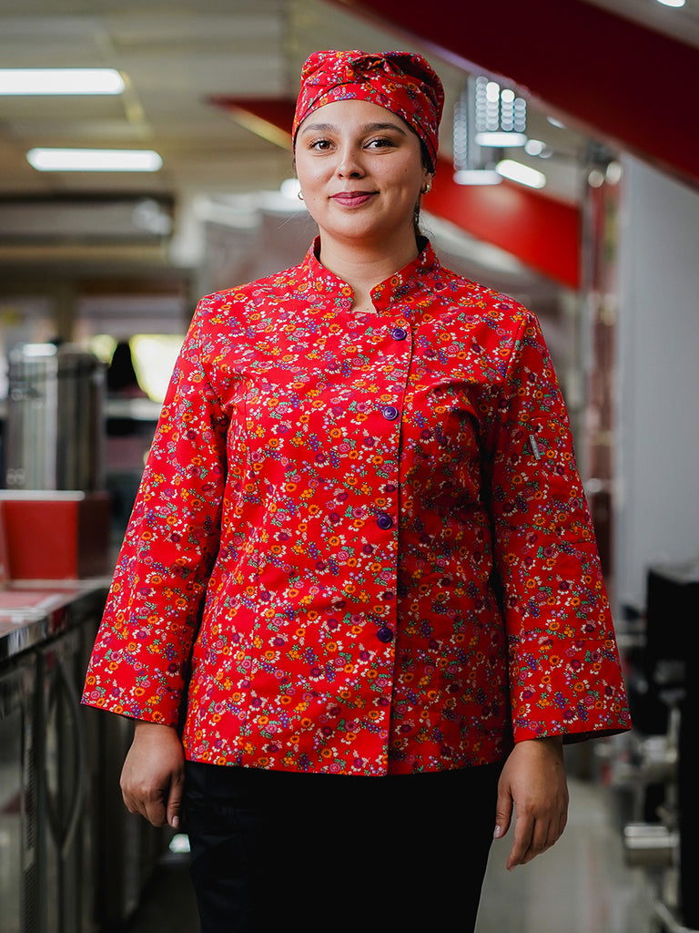 Chaqueta Laura en poly estampado rojo florcitas moradas y naranja SENA E06