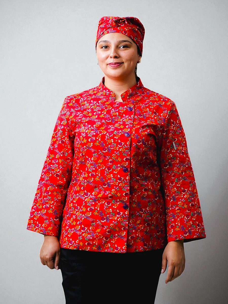 Chaqueta Laura en poly estampado rojo florcitas moradas y naranja SENA E06