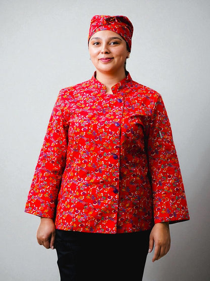 Chaqueta Laura en poly estampado rojo florcitas moradas y naranja SENA E06