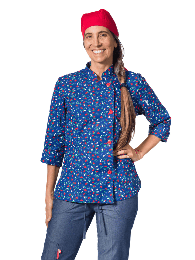 Chaqueta Laura en poly estampado azul tulipanes blancos y rojos - SENA